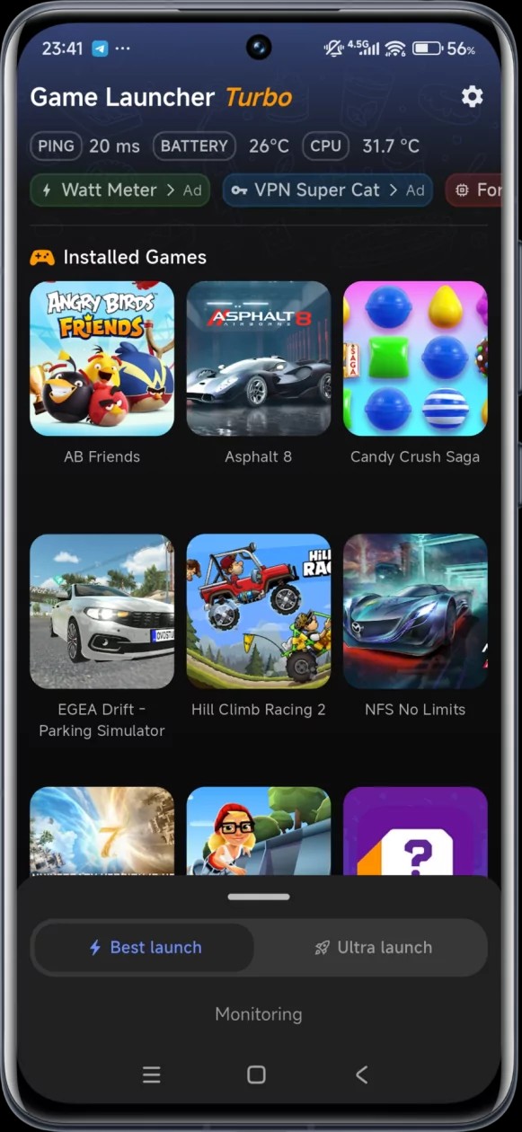 Game Launcher Turbo FPS, CPU-temperatur, batteristatus og pinganalyse