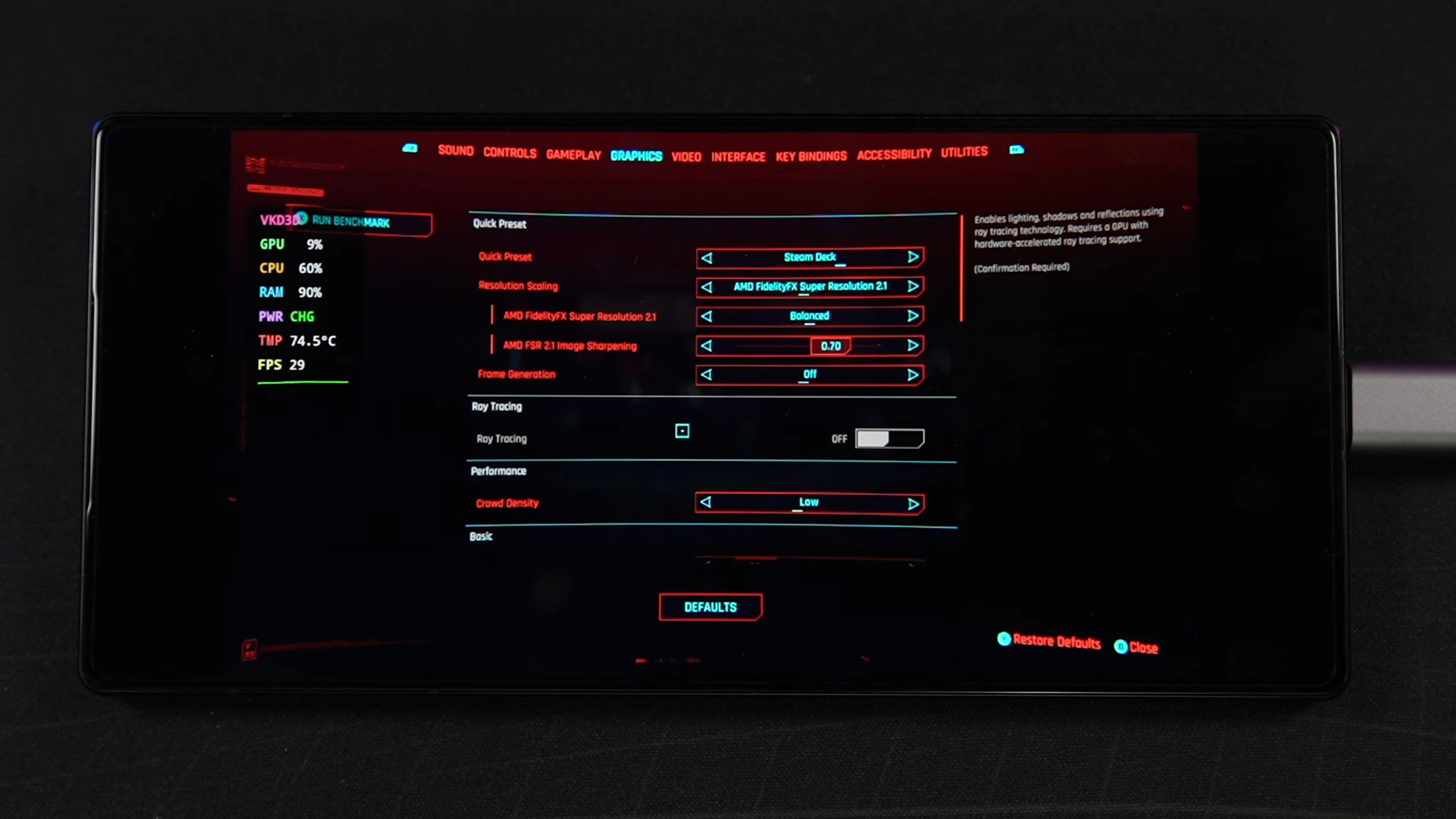 ETA Prime testet også forhåndsinnstillingen Steam Deck, som øker noen grafikkinnstillinger samtidig som den opprettholder bildefrekvensen i balansert modus.