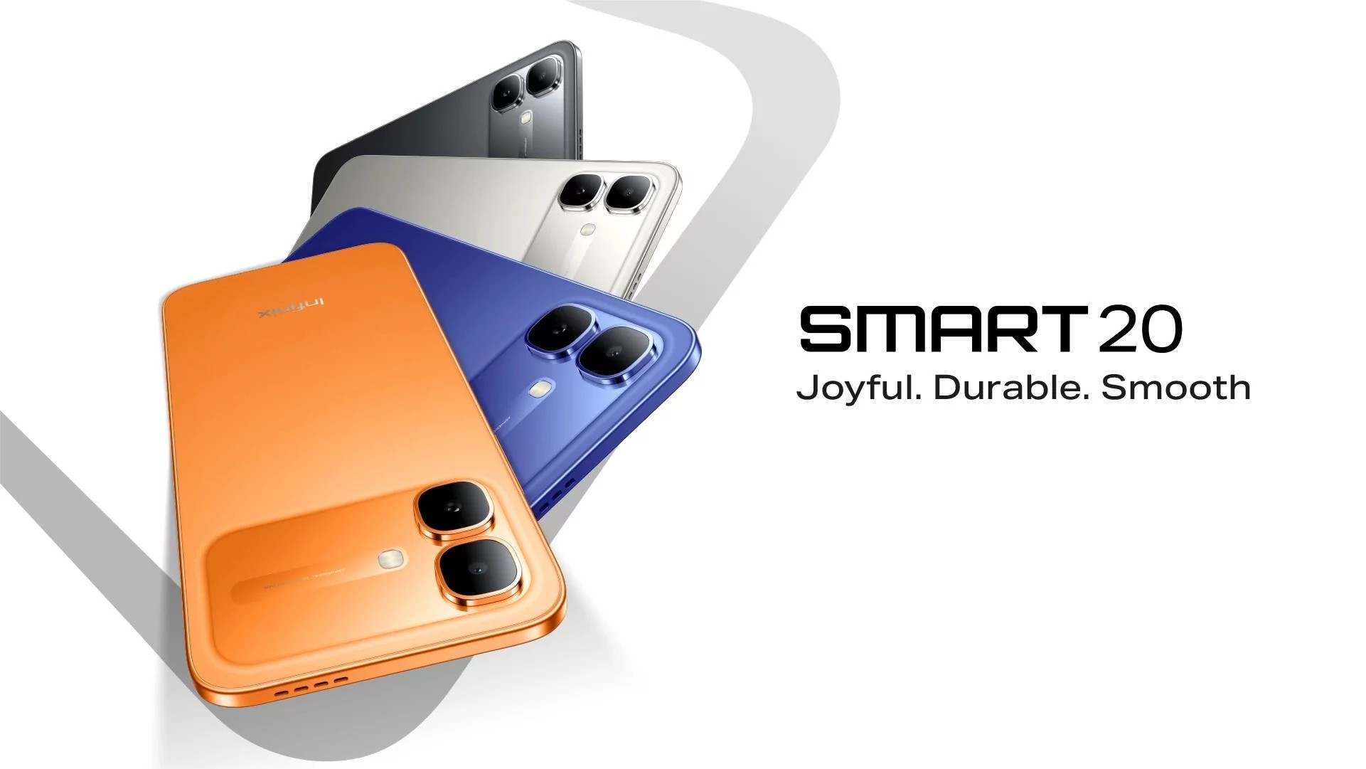 Infinix Smart 20 vil være tilgjengelig i Shadow Black, Polaris Titanium, Sunlike Orange og Cloudline Blue. 